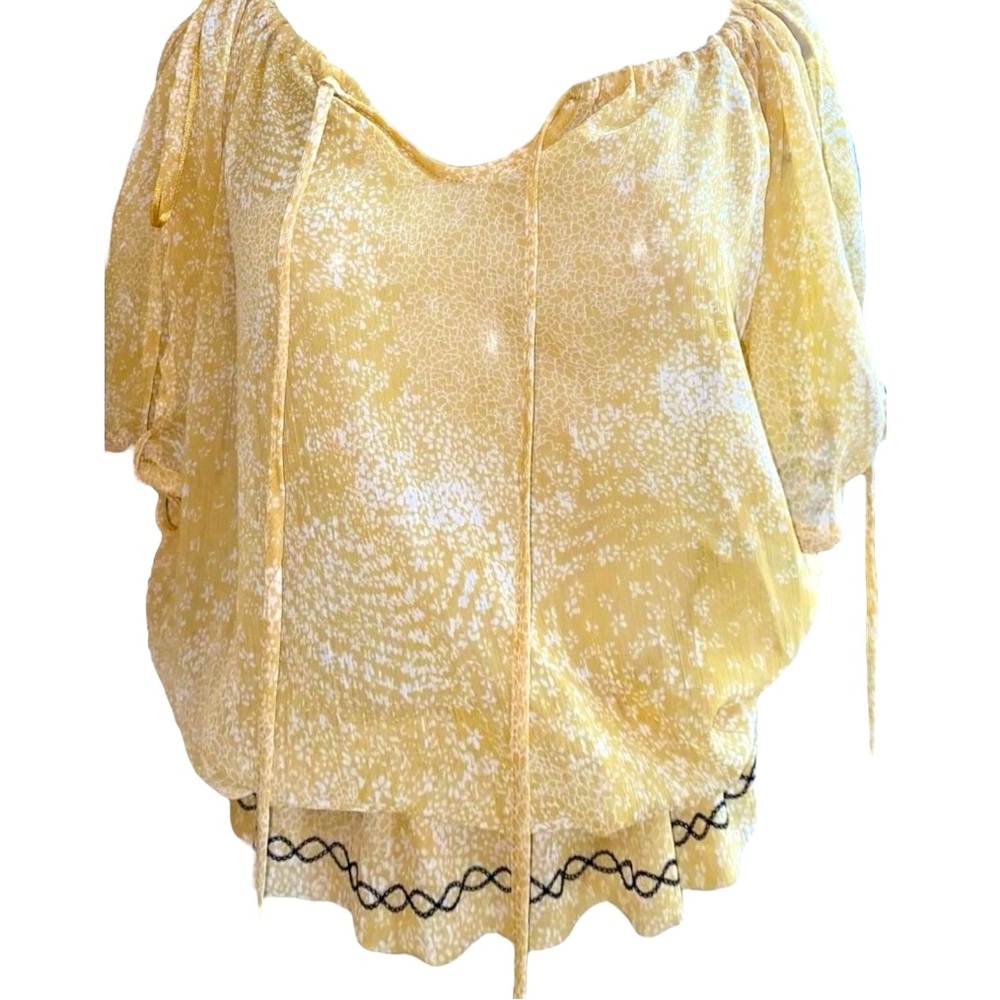 Guess Yellow White Pattern Semi-Sheer Off Shoulder Ruffle Hem Embroidery Top